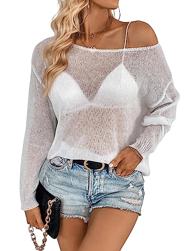 SweatyRocks Women's Long Sleeve Boat Neck Drop Shoulder Loose Fit Pullover Sheer Sweater