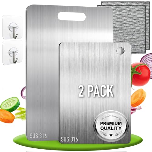 SET de 2 Tabla de Cortar con Aleación de Titanio para Cocina de Acero Inoxidable SUS316 + Ganchos y Paños - Tabla de Cortar de Titanio Resistente + Reversible y Antibacteriana | 3-Stars