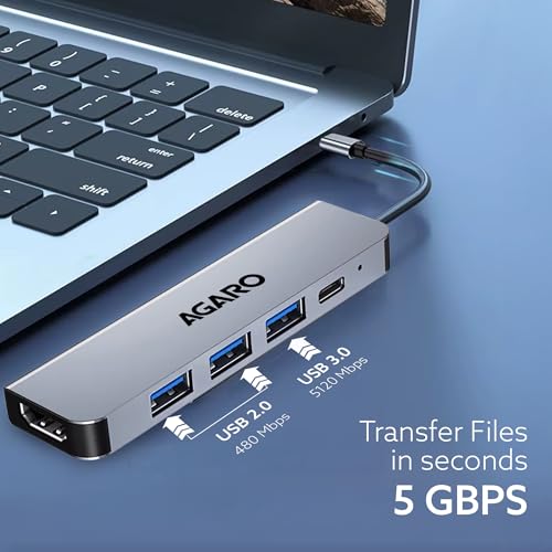 Image of AGARO 5-in-1 Type-C Multi-Port Hub, 4K@30Hz USB-C to HDMI Adapter, 85W PD Charging, 3x USB-A & USB-C 3.0 Data Ports, Compatible with Type-C Devices