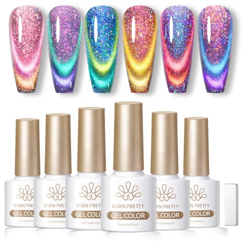 Born Pretty Cat Magnetic Gel Nail Polish 9D Chameleon Holorgraphic Cat Magnetic Eye Gel Polish Glitter Gel Polish Set 6PCS