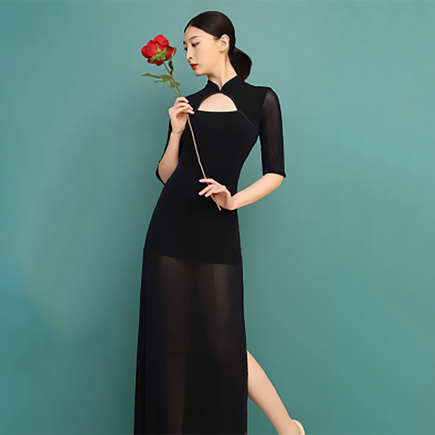 Tanzkleid Mit Lochmuster Qipao Orientalisches Tanzkostüm Mit Stehkragen Für Tänzerinnen Klassisches Cheongsam Mit Hohem Schlitz Elegant Und Anmutig