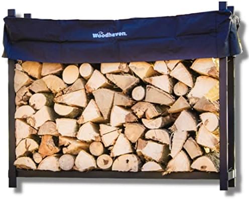 Woodhaven 5 Foot Black - Made in the USA - 1/4 Cord Plus Firewood Storage Log Rack With Seasoning Cover Combo Set - Indoor Outdoor - Metal Firewood Rack - Heavy Duty