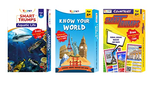 Image of Kaizen MicroLessons Smart Cards to Enhance General Awareness for Age 6-15, Learn While Playing, General Knowledge for Kids, (Combo Pack of 3: Know Your World, Aquatic and Country Trump Cards)