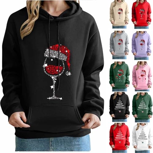 Generisch Weihnachten Hoodie Damen Weihnachtspullover Rot Weinglas...