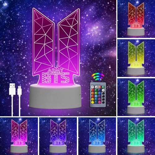 Eygerur Kpop BTS Nachtlicht für Kinder, BTS Geschenke Frauen, 3D LED Illusionslampen Mit Fernbedienung & Touch 16 Farben Nachttischlampe für Kinder Frauen BTS Fans
