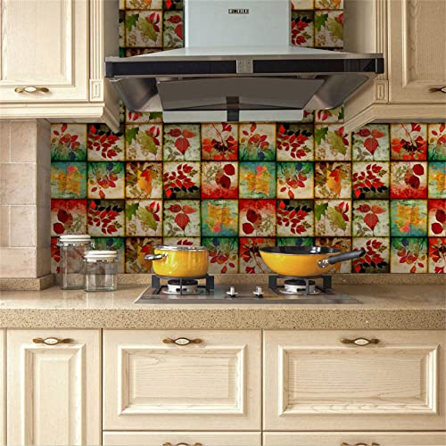 kyaoayo Antike Fliesen 24 Stück, Jahrgang Herbstblätter Designs, Badezimmer- und Küchenfliesen Dekoration, Dusche Treppen Küchenrückwand (15 * 15cm)