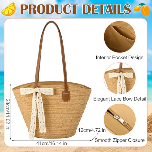 Bolso de paja tote grande para mujer con bolsillo interior con cierre miniatura 4