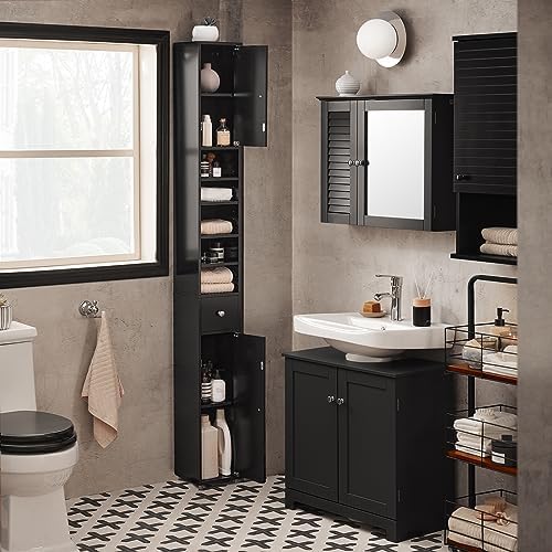 SoBuy BZR34-SCH Szafka łazienkowa Wysoka z 5 półkami rRegał łazienkowy z 1 szufladą i 2 drzwi 20 x 180 x 20 cm,Czarny