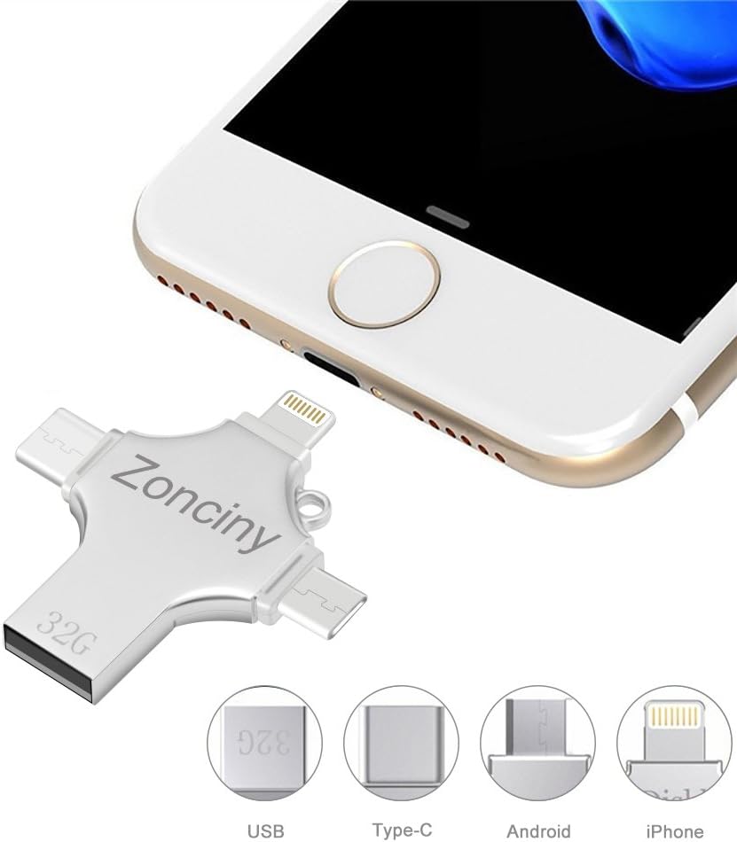 USB iPhone Flash Drive 32GB – Zonciny 4 in 1 Thumb Drive Memory Stick Data Transfer External Storage with Lightning for Type-C Android Mobile Phone iPad Macbook Laptop and PC Devices-Silver