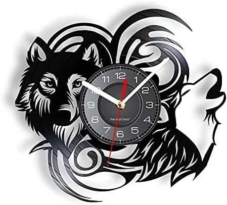 AMACLASS Wolf Wildness Animal Vinilo LP Record Reloj de Pared Retro Bosque Coyote Mammal decoración del hogar Lobos Aullando Sombra Arte Reloj silencioso Cover