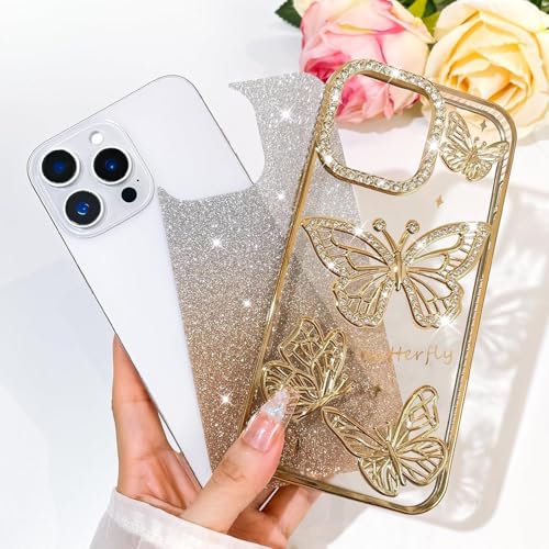 Image of Elzzi Electroplated Butterfly Phone Cover for iPhone 16 Pro Case, Showcasing Pearlescent Diamond Soft TPU, Camera Protection, Shockproof, Dropresistant Stylish for Girls & Women (Gold)