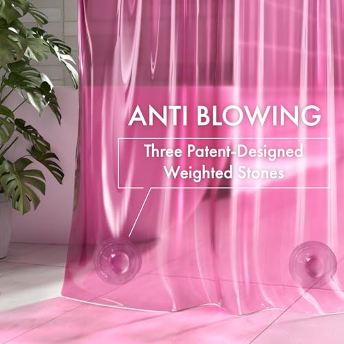 Image of AmazerBath No Hook Shower Curtain and Liner 3-in-1, 8G Luxury Heavy Duty Clear Hot Pink No Hook Shower Curtain Liner, 72x75 Cute EVA Bathroom Weighted Plastic Shower Curtain with 3 Heavyweight Stones