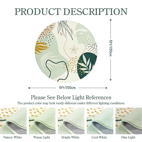 Lahome Green Round Area Rugs 5Ft - Washable Large Boho Round Rug for Living Room Non-Slip Throw Circle Rug for Dining Room Table,Soft Cute Botanical Print Floor Mat Carpet for Bedroom Office Bathroom