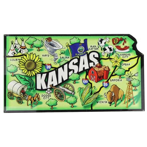 Kansas State Shape Acrylic Magnet, Colorful Souvenir Refrigerator Accessory, Map with Iconic Landmarks, Gift Travel Collectible, 3.4" x 1.8"