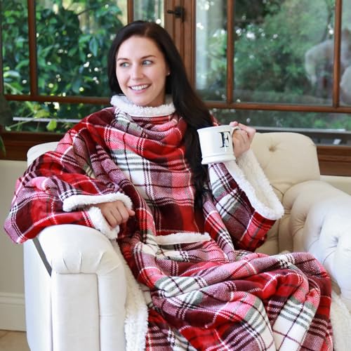 Image of Catalonia Sherpa Wearable Blanket with Sleeves and Pocket for Adults