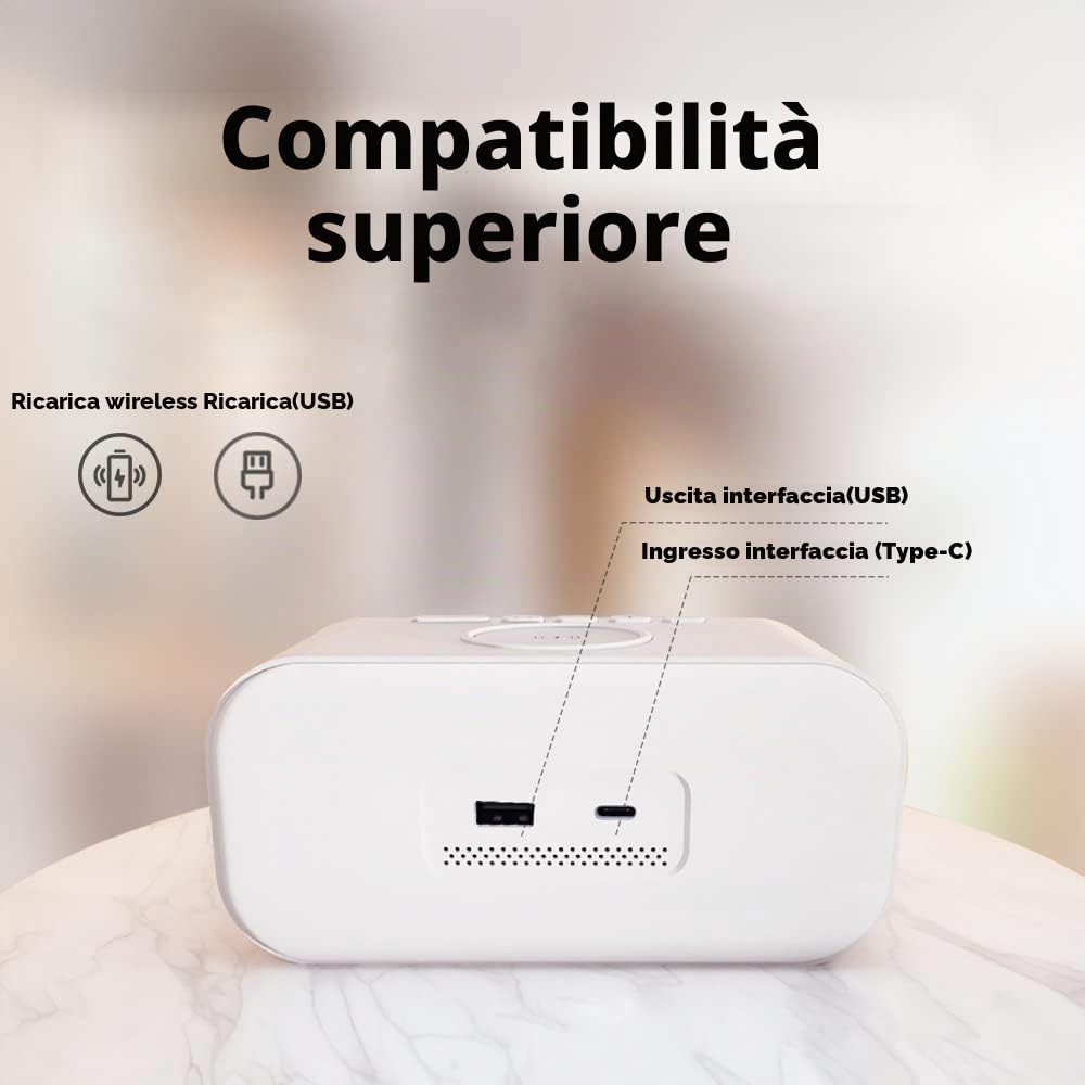 Radiosveglia con USB e Caricabatterie Wireless per Auto Home Office, Sveglia a Ricarica Rapida 15W con Funzione Luce Notturna, Bianco Scuro