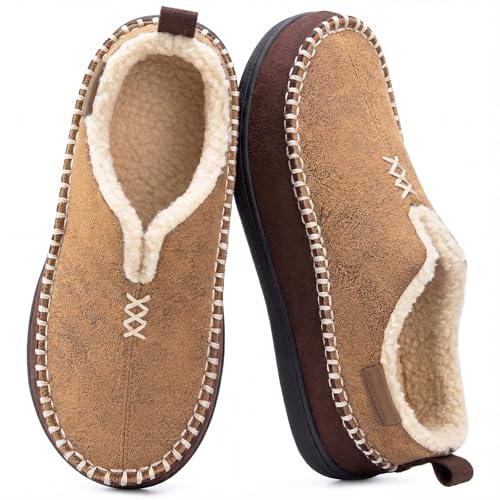 EverFoams Men's Micro Suede Memory Foam Moccasin Slippers with Fuzzy Sherpa Lining and Anti-skid Sole Tan Size 9 UK