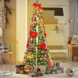 fastdeng 6ft pop up christmas tree fully decorated pre lit pull up christmas tree with 200 warm white lights, gold red ball ornaments bows ribbons for holiday indoor outdoor party decoration