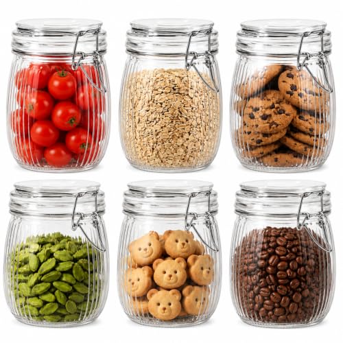 Image of 25 oz Wide Mouth Glass Mason Jars with Airtight Lid 6 Pack, Glass Canister, Striped Clip Fastening Jar for Kitchen Storage Canning, Oat, Coffee, Pasta, Snack, Nut, Candy and Pickling Food