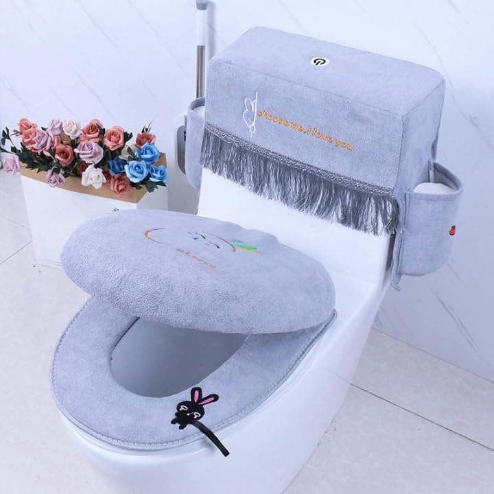 Toilet seat Covers Lace Embroidery Toilet Lid Covers, 3pcs/Set Pink Plush Toilet Lid & Tank Covers with 2 Pockets Toilet Seat Cover Pads Toilet Seat Cushion Pads Toilet Seat Warm Pad(Gray)