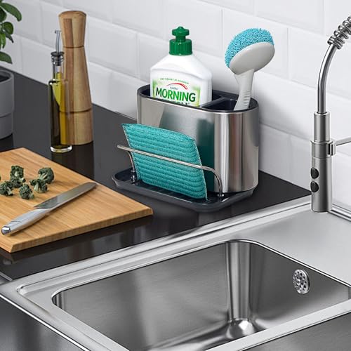 Sink Tidy, Sink Cleaning Caddy Organiser with Sponge Holder, Kitchen Caddy with Removable Drip Tray, Kitchen Storage Organiser Brush and Sponge Holder for Countertop