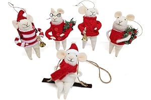 Wool Felted 5 Pieces Christmas Mouse Ornament Hanging