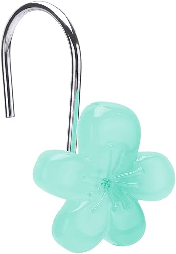 Lindos ganchos para cortina de ducha de flores, brillan en la oscuridad, bonita decoración de baño elegante con temática floral, color verde azulado