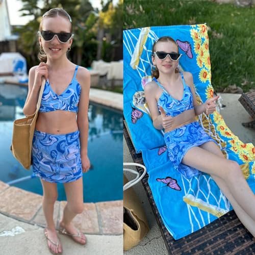 Image of Girls Swimsuits 3 Piece Bathing Suit Allover Printed Criss Cross Bikini Set with Cover Up Skirt Beach Swimwear 7-16 Years