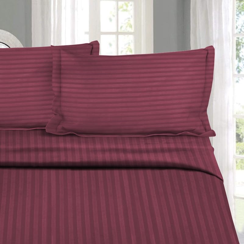 Image of Naksh Bedsheet for Double Bed King Size Stripes 210 TC with 2 Pillow Covers | 100% Pure Cotton Bedsheets | Breathable Fabric for Cool, Comfortable Sleep | King Size Bed Sheet Cotton | Wine |