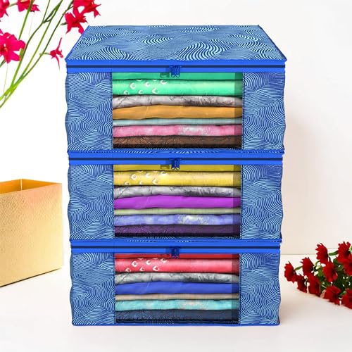 Image of Kuber Industries Non-Woven Clothes Organizer For Wardrobe (Pack of 3) - Storage Organizer For Saree|Shirts|Salwaar Suit|Lehenga For Wardrobe - Saree Covers With Zip (Printed, Blue, 33 cm, 22 cm)