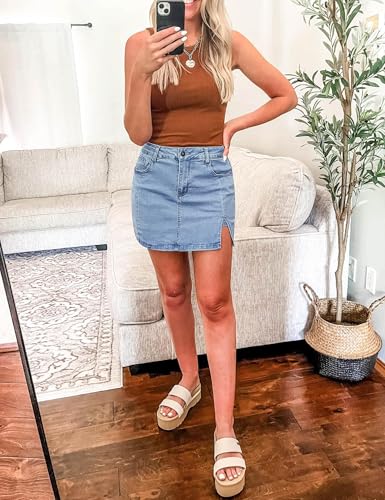 Image of luvamia Jean Skort Women High Waisted Stretchy Denim Mini Skirt Side Slit