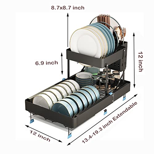Lanrinwon Large Expandable Foldable Dish Drying Rack,Black 2 Tier Stainless Steel Over Sink Dish Drying Rack With Drainboard For Kitchen Counter #TOP4