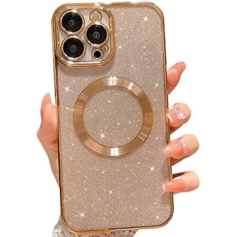 MGQILING Compatible with iPhone 13 Pro Max Magnetic Glitter Case, Luxury Plating Cute Bling Clear Phone Case, Compatible with MagSafe for Women Girls with Camera Protector Back Cover - Gold Cover