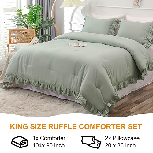 Yozen Sage Green Double Ruffle Comforter Set King Size (104X90 Inch), 3 Pcs Farmhouse Vintage Comforter Set (1 Ruffled Comforter And 2 Pillowcase), Rustic All Season Down Alternative Bedding Set #TOP2
