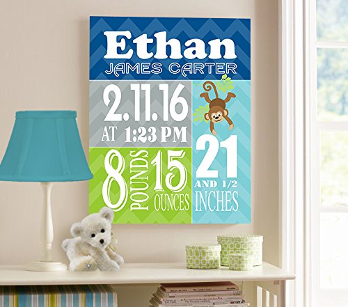 Personalized Stretched Canvas Birth Announcement Gift, Custom Baby Name, Date, Weight Stats, Newborn Nursery Monkey Wall Art Decor, Wooden Frame Construction, Ready to Hang 16X20
