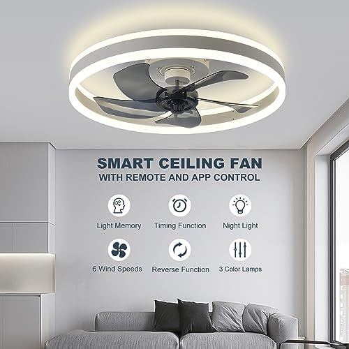 Low Profile Ceiling Fan with Lights,3 Colors Dimmable LED 6 Speeds Modern Ceiling Fan with Remote,Flush Mount Smart Bladeless Ceiling Fan for Bedroom, Living Room, Kitchen(19.7"x5.5") 6 51DbWyb00LL. AC