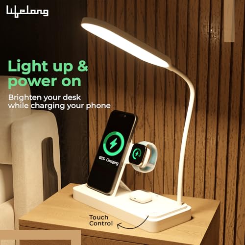 Image of Lifelong 3-in-1 Wireless Charging LED Desk Lamp | Fast Charging for Smartphones, Smartwatches & Earbuds | Touch Control Study Lamp with 3 Brightness Modes & Eye-Caring Light for Home, Office & Bedroom