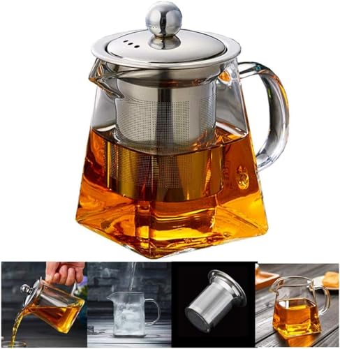 Pluiesoleil Square Glass Tea Pot with Infuser 350ML, Loose Leaf Teapots with Infuser, Square Tea Pot with Strainer, Stovetop Microwave Safe Teapot