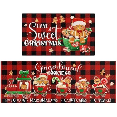Xsinufn Merry Christmas Kitchen Rugs and Mats Set of 2,Buffalo Plaid Gingerbread Hot Cocoa Xmas Winter Holiday Sink Floor Mat Non Skid Washable for Home Farmhouse Christmas Decor 17"x47"+17"x30" Cover