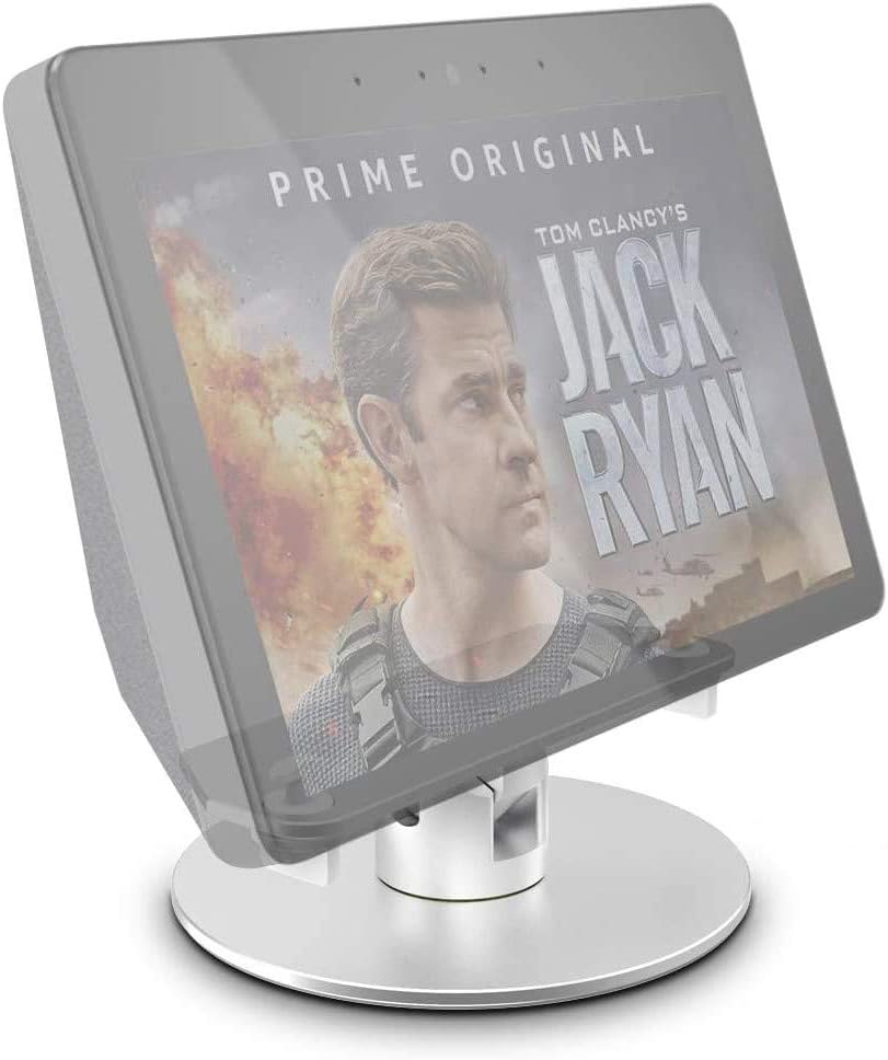 Ech_ooo Show Stand Aluminum Swivel Stand for Amazon New Ech_ooo Show 2nd Gen Speaker Accessories Horizontal 360 Rotation Longitudinal Angle Change Base White(Rotation Shaft)+Silver ES007-02