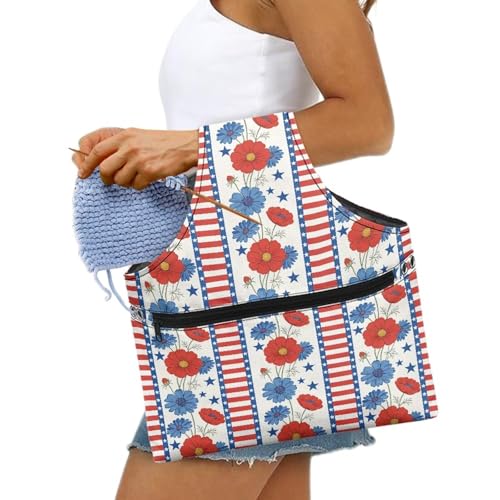 Image of KUIFORTI Patriotic Flower Yarn Bag Crochet Tote Bag Holiday Yarn Storage Organizer Travel Wrist Tote Portable for Crocheting Knitting Accessories Independence Day Gifts