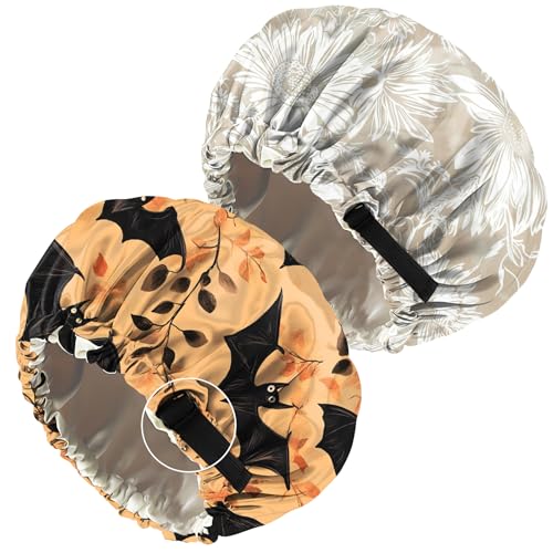 Cabreche 2 PCS Bonnets for Women Girls Satin Hair Bonnet Double Layer Silk Adjustable Elastic Sleep Cap Cute Aesthetic-Orange Bat