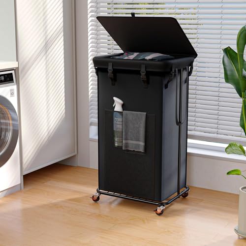 Image of 100L Laundry Hamper with Lid, Rolling Laundry Basket with Wheels, Large & Tall Dirty Clothes Hamper with Metal Frame and Removable Bag for Bedroom Aesthetic, Laundry Room, Bathroom, Dorm-Black