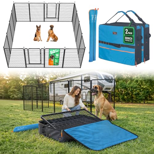 Image of FXW Rollick Unleashed Dog Playpen for Indoor, Yard, RV Camping, 50 inch 16 Panels Dog Pen with Playpen Storage Bag (2 Packs) for Large Dogs, Black│Patented