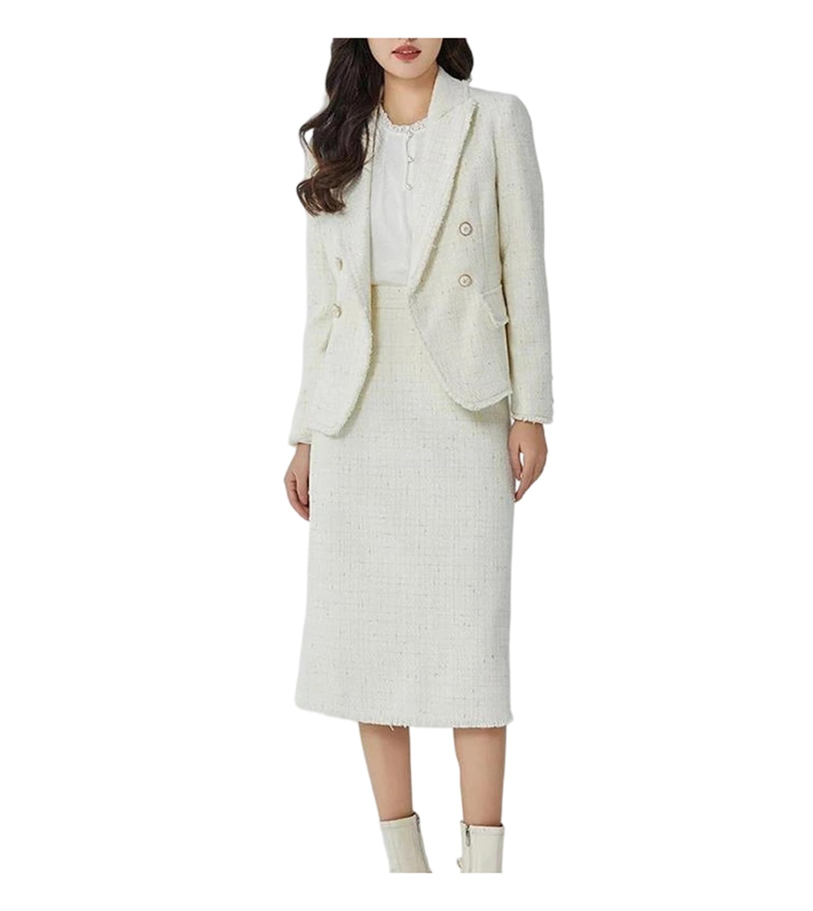 Mnjyihy Womens Spring Two-Piece Set - Elegant Slim Long Sleeve Tweed Blazer Jacket And Mid-Length Skirt Set