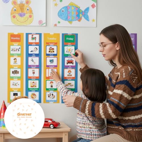 Image of PATPAT Schedule Planner Flash Cards for Kids, Wall Planner Autism Daily Chore Routine Chart with 60 Cards, 12 Background Boards, 12 Velcro, Flash Card for 3 Year Old Wall Planner for Home School