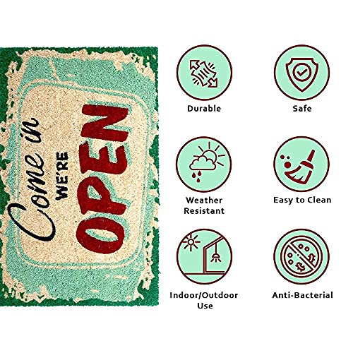 Image of Onlymat inchCome in We're Open Funny Printed Doormat (Multicolor), Anti-Slip Coir with PVC Backing (75x45cm) - Rectangular Rug for Entryway, Outdoor, Home, Door, Floor, Hall & Living Room Use.