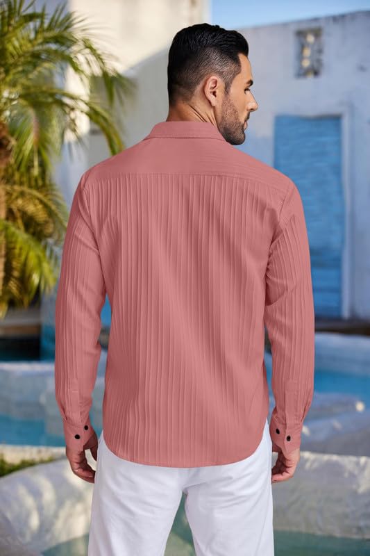 Image of FINIVO FASHION Men's Casual Cotton Plain Button Down Shirt Long Sleeve Textured Summer Beach Shirt for Men