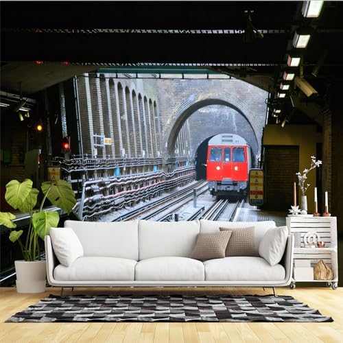 Murales de pared de tamaño personalizado, estación de metro, túnel de plataforma de tren rojo, tela autoadhesiva (sin PVC), papel tapiz fotográfico grande extraíble para sala de estar, dormitorio