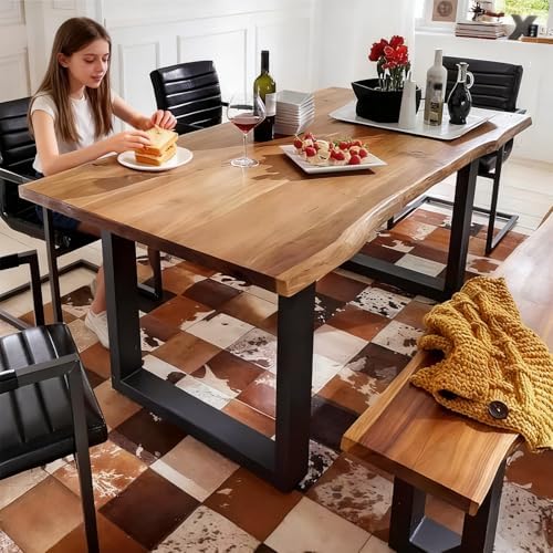 Live Edge Dining Table, Wooden Table with Metal Base, Live Edge Table Top, Solid Wood Dining Tables, Rectangle Wood Slab Industrial, Long Dining Room for 2,4,6,8 (63" L x 28" W x 30" H)